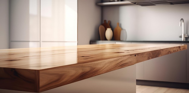 diagonale weergave houten tafel en keuken achtergrond