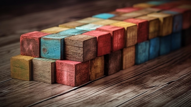 Diagonally aligned colored wooden blocks on an old vintage wooden table Generative AI