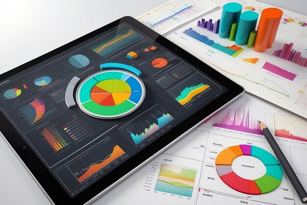 Diagram analysis with many colorful charts on a tablet computer 3D ...