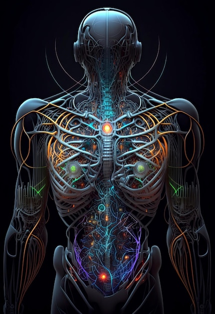 Foto diagramma del corpo cyborg umanoide e dell'intelligenza artificiale