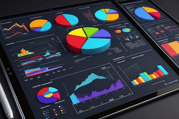 Diagramanalyse met veel kleurrijke grafieken op een tabletcomputer 3D-rendering