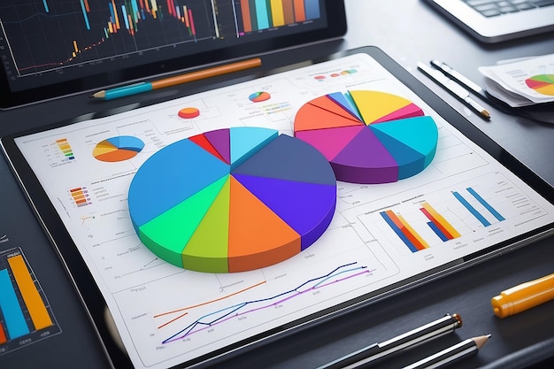 Diagramanalyse met veel kleurrijke grafieken op een tabletcomputer 3D-rendering