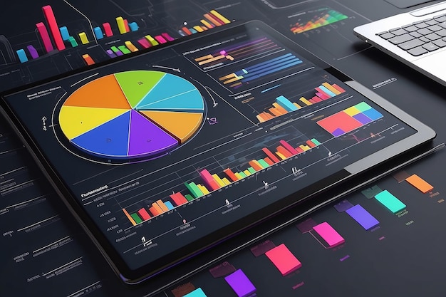 Diagramanalyse met veel kleurrijke grafieken op een tabletcomputer 3D-rendering