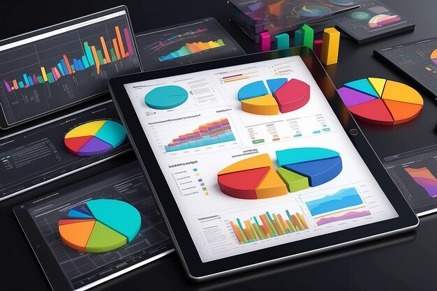 Diagramanalyse met veel kleurrijke grafieken op een tabletcomputer 3D-rendering