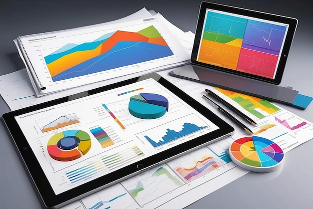 Diagramanalyse met veel kleurrijke grafieken op een tabletcomputer 3D-rendering