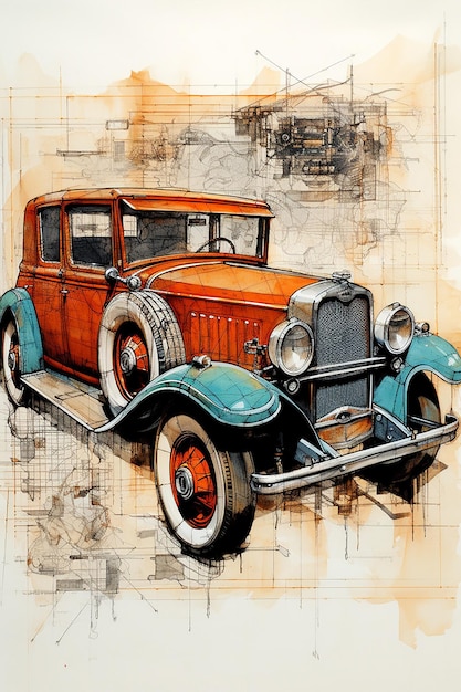 an diagrammatic drawing of a oldcar