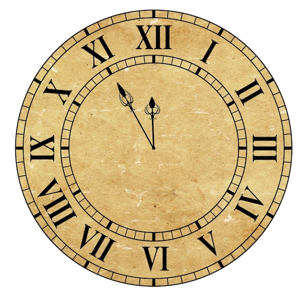 Photo the dial of the clock with antique paper the time is five minutes to twelve