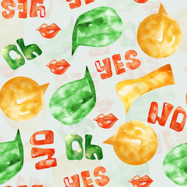 Dialogues of different shapes words lips watercolor seamless pattern