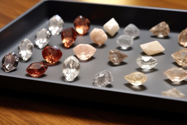 Diamanten gesorteerd op grootte en helderheid in een tray gemaakt met generatieve ai