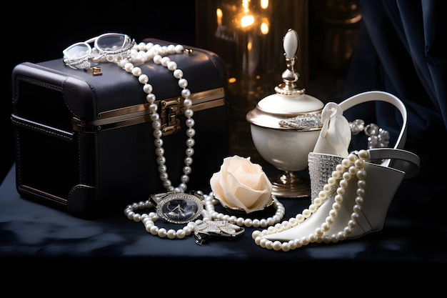 Diamanten parel halsketting en luxe accessoires vergezeld van designer handtassen en schoenen