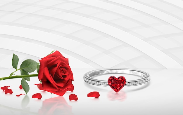 Diamanten ring Rode hartvormige rozen en bloemblaadjes op witte achtergrond Valentijnsdag concept