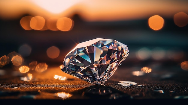 A diamond on a beach with the sun setting behind it