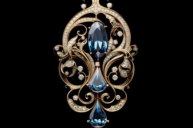 A diamond brooch with a blue diamond and diamonds