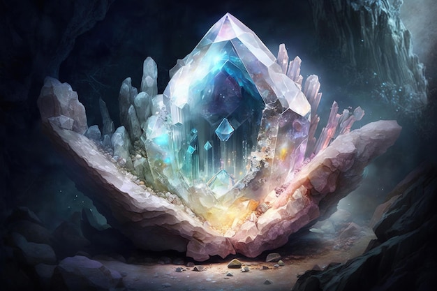 A diamond in a cave with a blue gem in the center.