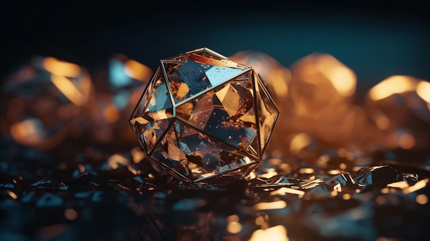 A diamond cube sits on a table with gold lights behind it.