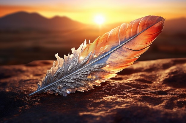 Diamond dust on a feather with a warm glowing sunrise backdrop created with generative ai