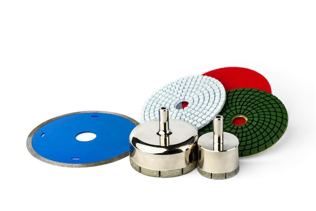 Diamond flexible abrasive disc for grinding machine and crowns for tiles on white background