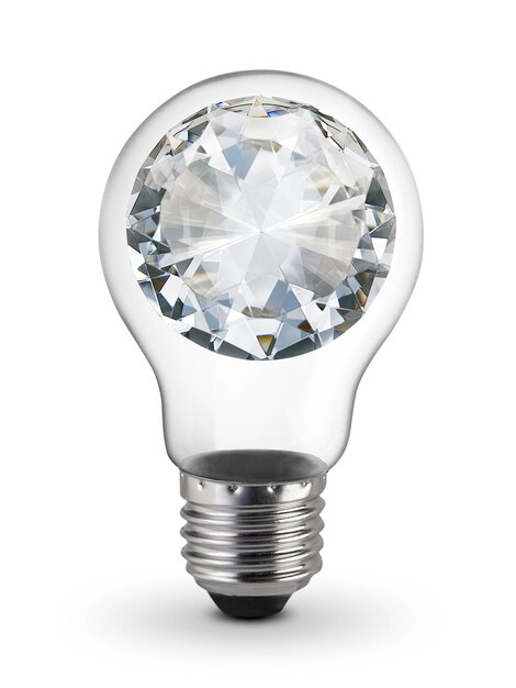 Diamond inside lightbulb Brilliant idea concept isolated on white background