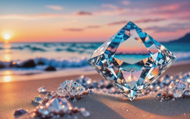 A diamond is on the beach at sunset