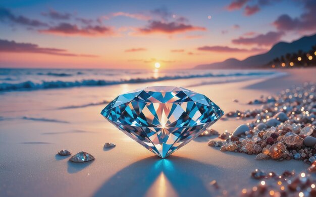 A diamond is on the beach at sunset