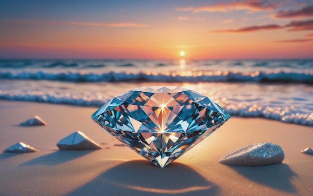 A diamond is on the beach at sunset