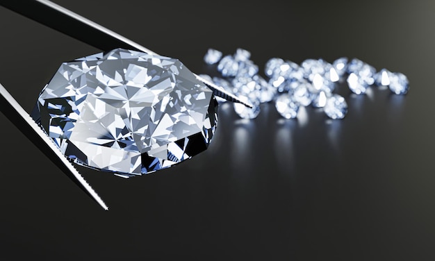 The diamond is clamped with pliers Lots of diamonds placed on the table as background 3D Rendering