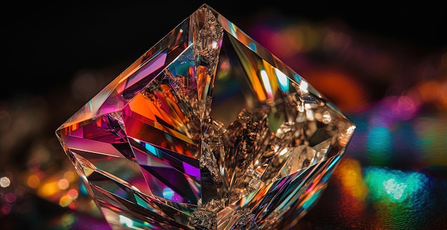 A diamond is on a table with colorful lights.