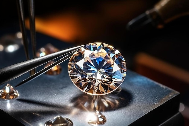 a diamond ring is on a black surface with a blue diamond on it