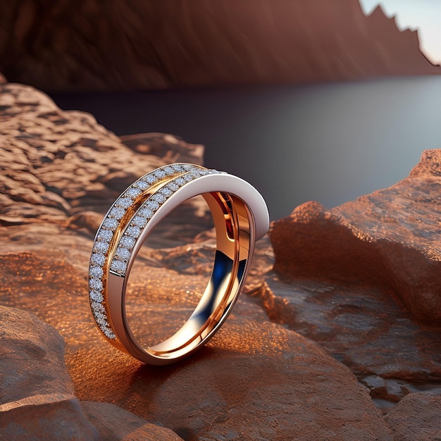 A diamond ring is on a rock by the ocean.