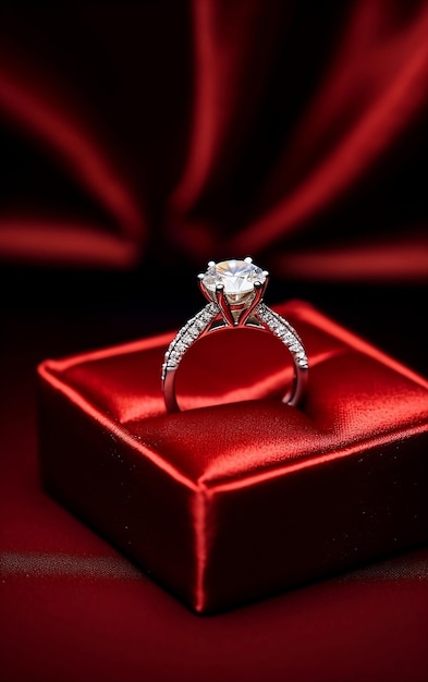 Diamond ring in red box on background of red satin fabric Golden promise ring