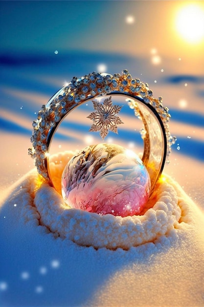 雪に覆われた地面の上にあるダイヤモンドの指輪の生成 ai