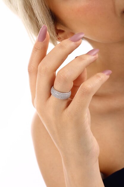 A diamond ring with a diamond band on the side