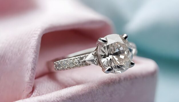 핑크색 천에 다이아몬드 반지가 앉아 있다.