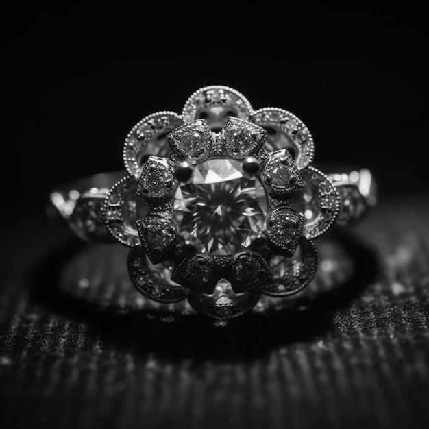 A diamond ring with diamonds on it is on a black surface.