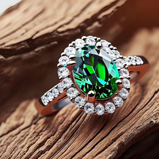 A diamond ring with a green stone and a green stone.