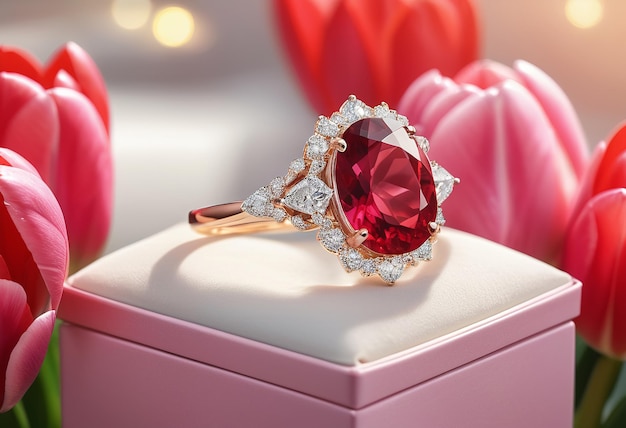 a diamond ring with a red stone on top of it