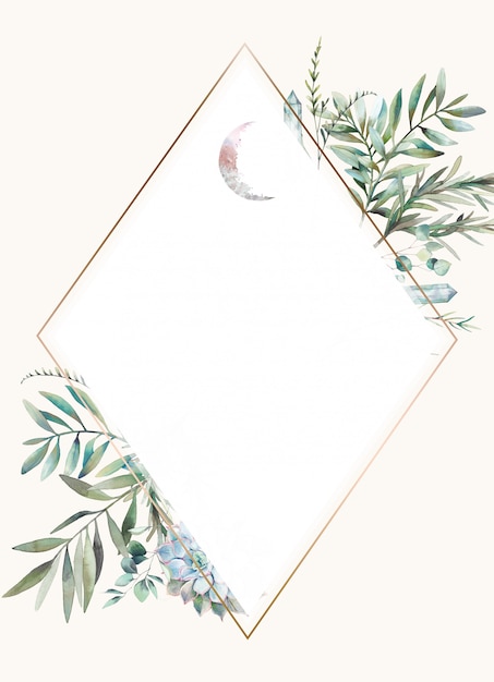 Diamond shape floral frame. Hand drawn watercolor card design with greenery, fern leaves, succulent, crystals and moon. Greeting or wedding template.