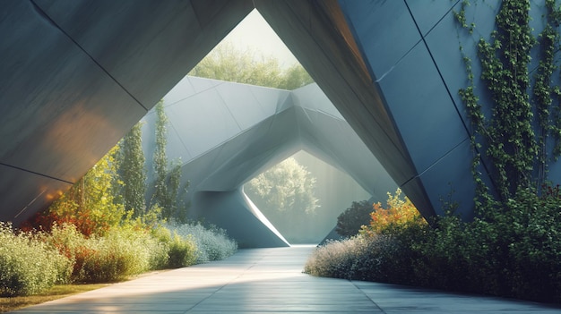 Diamond shape tunnel with vegetation filling it uprounded shapes realistic depiction of light sustainable architecture