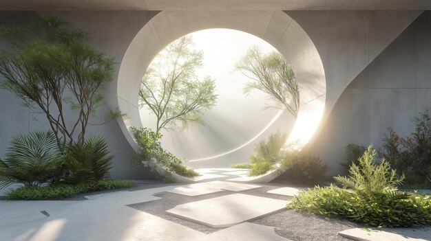 Diamond shape tunnel with vegetation filling it uprounded shapes realistic depiction of light sustainable architecture