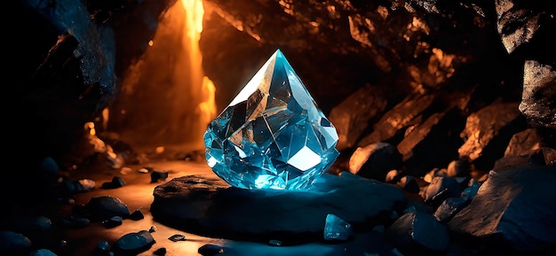 Diamond shaped gemstone inside of a cave