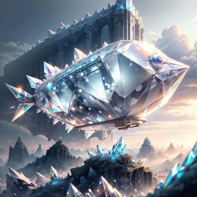 A diamond shaped object is flying over a mountain and has a mountain in the background.