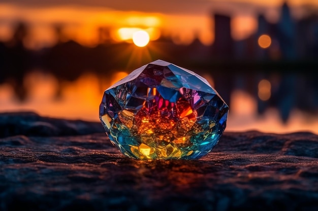 A diamond sits on a rock in front of a sunset