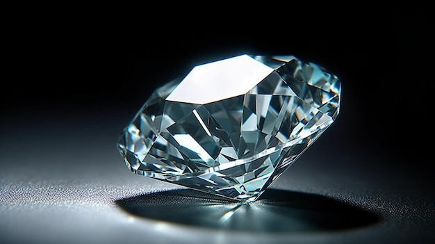 A diamond sits on a table in front of a black background.