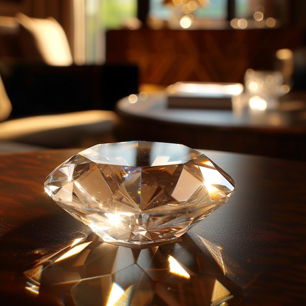 다이아몬드가 TV 앞의 테이블에 앉아 있습니다.