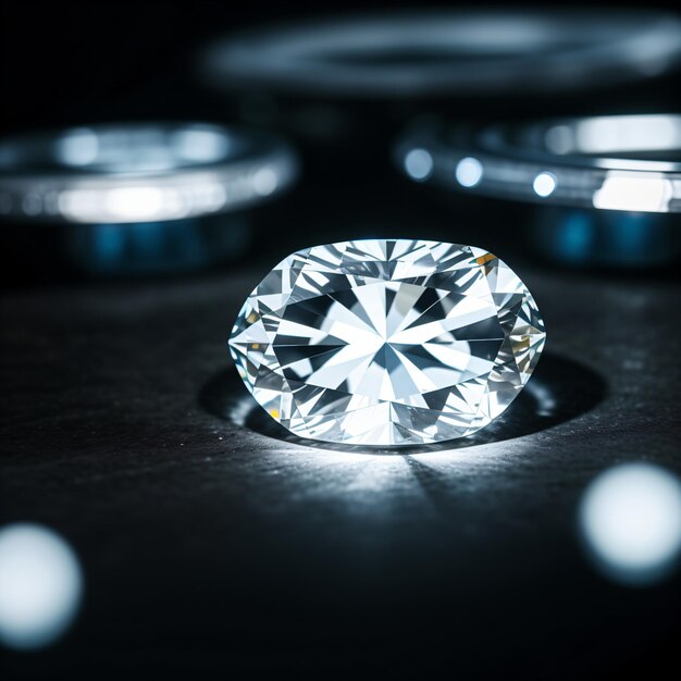 a diamond sits on a table with other diamonds around it and a black background with a few white dots