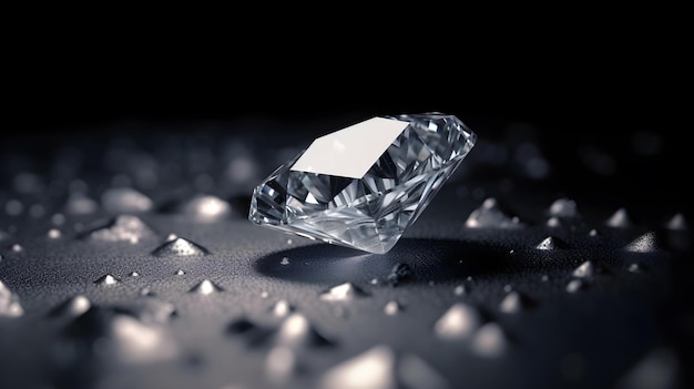 A diamond sits on a wet surface with the word diamond on it.