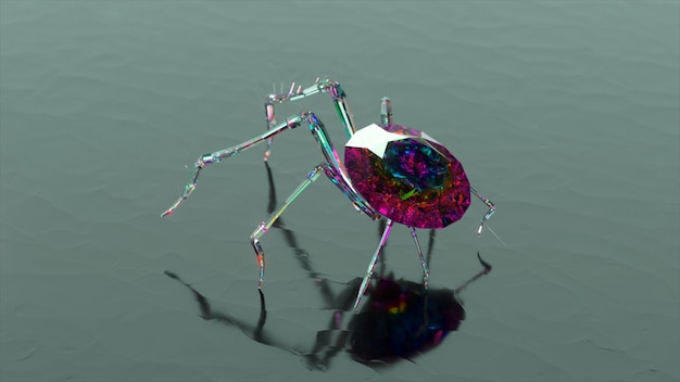 Алмазный паук крупным планом Тело из большого алмазного камня Рубиновая ходьба Ноги алмазного паука Абстрактный фон