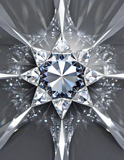 Фото Структура алмаза, форма звезды и фоновый калейдоскоп, верхний вид круглого драгоценного камня