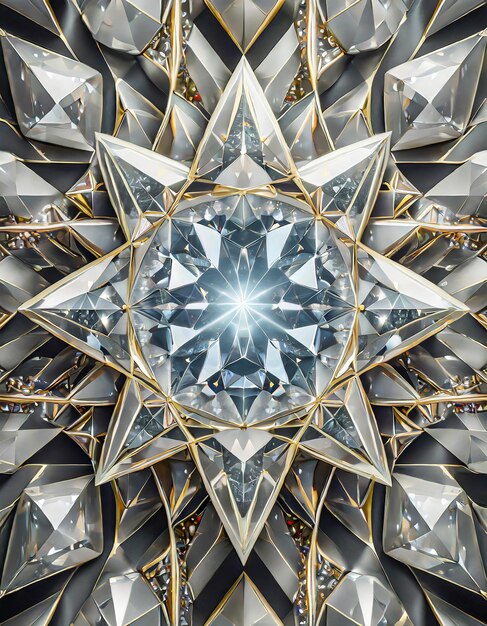 diamond structure star shape and kaleidoscope background top view of round gemstone