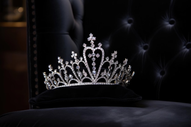 Diamond tiara set on a black velvet cushion